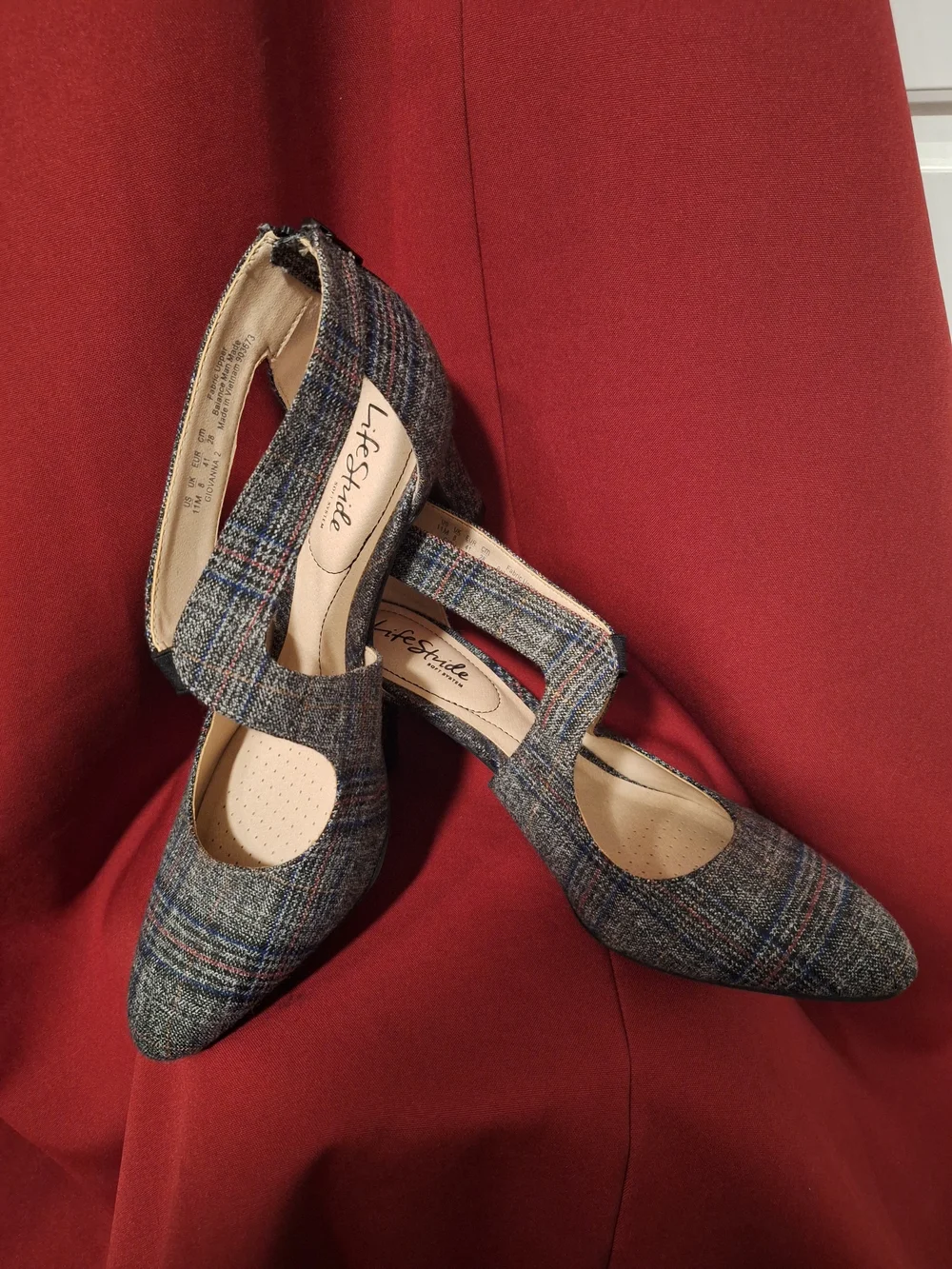 Life Stride Women's Plaid Mary Jane Pumps in Gray and Burgandy Plaid